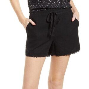 CASLON Nordstrom Linen Blend Black Pull-On Shorts Crochet Hem, Size XS